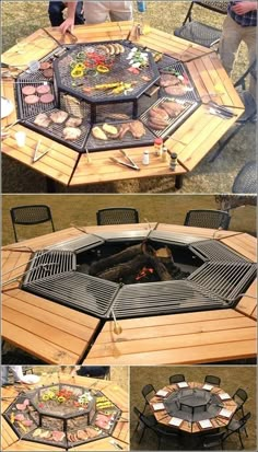 an outdoor table made out of wood and grills