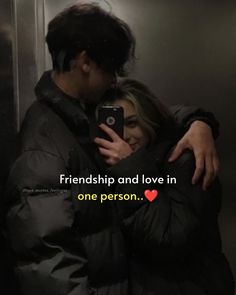 a man and woman hugging each other in front of a mirror with the caption friends and love in one person