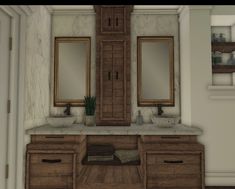 a bathroom with double sinks and two mirrors