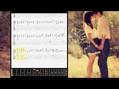 a man and woman kissing in the middle of an image with sheet music on it