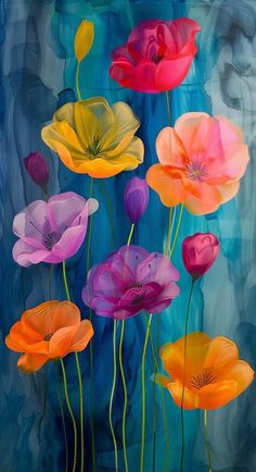 an oil painting of colorful flowers on a blue background