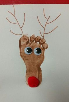 a handprinted reindeer with red nose and antlers on it's head