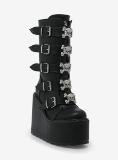 Nothing says rock on like these platform boots! This pair comes with silver-tone buckles  plus skull and crossbones charms. Comes with back zipper closures.Listed in women's sizes.3'' - 6'' platformPolyurethane upper; EVA soleImported Hot Topic Boots, Gothic Accessories Jewellery, Emo Boots, Emo Shoes, Goth Platform Boots, Chica Dark, Skull Boots, Demonia Boots, Painted Canvas Shoes