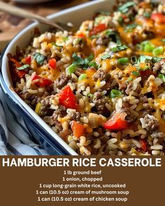 hamburger rice casserole recipe in a white dish