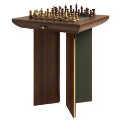 a wooden table with chess pieces on it