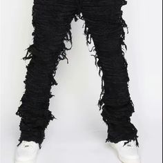 Stacked Flared Super Jeans Pants Comes With Free Beenie Hat Of Your Choice As A Thank You ( While Supplies Last If You Mention It In Dm ) Black Ripped Wide Leg Bottoms, Ripped Wide Leg Black Bottoms, Black Wide Leg Ripped Bottoms, Stretch Distressed Cotton Bottoms, Black Ripped Wide Leg Pants, Distressed Stretch Cotton Bottoms, Black Ripped Streetwear Bottoms, Black Ripped Bottoms For Streetwear, Baggy Black Ripped Bottoms