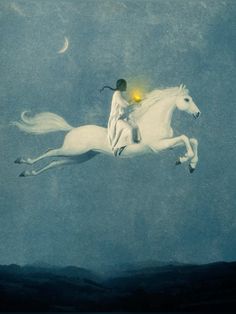 a painting of a woman riding on the back of a white horse in the sky