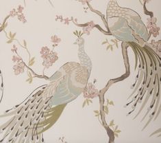 two peacocks sitting on a tree branch in front of a wallpapered background