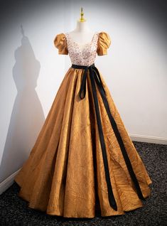 Gold Satin Dress For Banquets, Gold Satin Dress For Banquet, Sequin Satin Ball Gown, Gold Ball Gown With Fitted Bodice For Prom Season, Gold Ball Gown With Fitted Bodice For Prom, Gold Ball Gown With Fitted Bodice For Banquet, Gold Satin Evening Dress For Banquet, Gold Ball Gown Evening Dress With Fitted Bodice, Gold Dresses With Sequins And Fitted Bodice