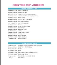 the flyer for cheer team camp and sleepover is shown in red, blue, and white