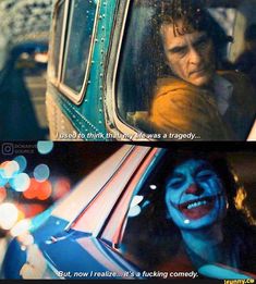 the joker is driving in his car and he looks like he's getting ready to take