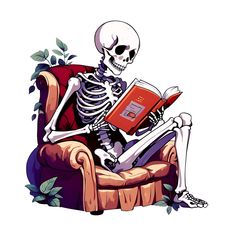 a skeleton sitting in a chair reading a book