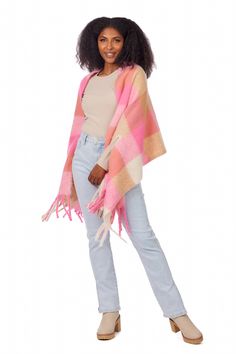 The Scarf Wrap is a cozy and stylish accessory that is perfect for those chilly days. Made from a fuzzy plaid material, this wrap is not only soft to the touch but also adds a touch of sophistication to any outfit. It features cut-out arm holes, allowing for easy movement and versatility. The tassel trim adds a playful and trendy element to the wrap, making it a fashionable choice for any occasion. Crafted from fleece, this scarf wrap provides warmth and comfort, keeping you snug and cozy all da Bright Scarf, Abstract Scarf, Brown Scarves, Leopard Scarf, Pink Scarf, Pink Scarves, Mud Pie, Pink Brown, Stylish Accessories