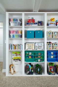 These playroom storage ideas will keep toys, books, and crafts tidy, and cleanup will feel like child’s play after you take note of these tips. Wall Of Bookshelves, Tidy Tips, Playroom Storage Ideas, Room Bookshelf, Toy Storage Solutions, Decorating Bookshelves, Ikea Billy Bookcase, Library Wall, Toy Storage Organization