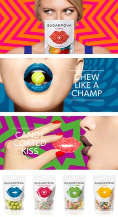 an advertisement for candy - coated lips and gums is shown in three different colors