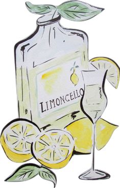 a drawing of lemons and a bottle of limoo