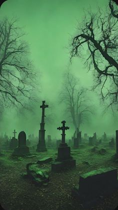 a cemetery with tombstones and trees in the background on a green foggy day