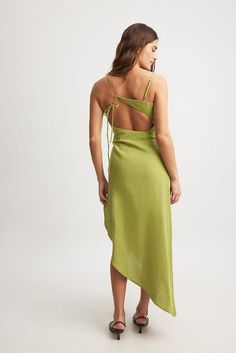 Linen Blend Asymmetric Open Back Midi Dress Green | NA-KD Green Midi Dress With Adjustable Straps, Spring Green Midi Dress With Adjustable Straps, Green Midi Dress With Adjustable Straps For Spring, Green Midi Dress With Spaghetti Straps And Tie Back, Summer Brunch Midi Dress With Asymmetrical Neckline, Summer Midi Dress With Asymmetrical Neckline For Brunch, Chic Green Midi Dress With Adjustable Straps, Green Backless Dress With Tie Straps, Green Sundress Midi Dress With Adjustable Straps