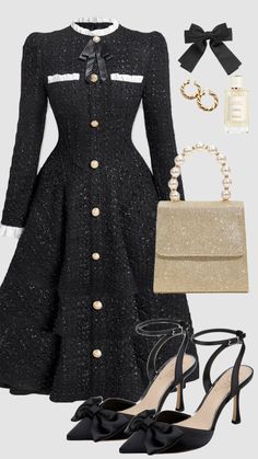 #blackandwhite #classy #dress #blackdress #newyearseve #churchoutfit #oldmoney #bows #outfit #modest #dressy #gold #black #white #winteroutfit #outfitinspo #fashion #vintage #fancy Tweed Dress Outfit, Dress Etiquette, Sweet Clothes, Fashion Capsule, Church Outfits, Tweed Dress, Going Out Outfits, Royal Fashion, Casual Style Outfits