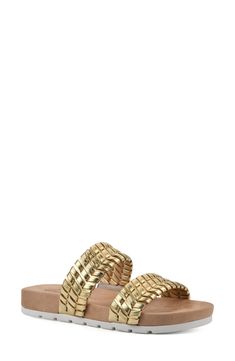 A contoured footbed supports your stride in a summery sandal topped with woven straps for added texture. 1 1/4" heel Synthetic upper, lining and sole Imported Gold Synthetic Slide Sandals, Synthetic Open Toe Slides With Braided Straps, Gold Slide Footbed Sandals For Beach, Gold Synthetic Slides For Beach, Gold Textured Footbed Sandals For The Beach, Gold Synthetic Slides For Vacation, Gold Footbed Sandals For Beach In Spring, Gold Synthetic Slides With Removable Insole, Gold Synthetic Slides With Cushioned Footbed