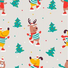 christmas seamless pattern with reindeers and snowflakes on a gray background illustration