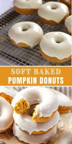 there are several different types of baked pumpkin donuts on the rack and in front of them