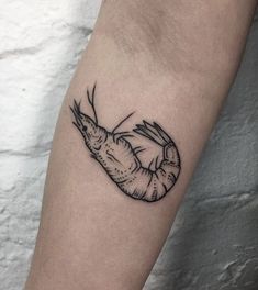 a black and white shrimp tattoo on the arm