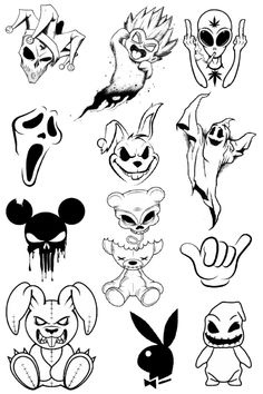 various cartoon faces drawn in black and white