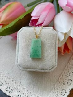 *Kindly leave us your contact number for the shipping company reference please(without this we are unable to create shipping label). *Standard shipping 10 to 12 working days. *Express Shipping 5 to 7 working days(Please add a Express Shipping list USD30 to check out together.) Thank You :) Jadeite Jade Pendant Description Item Code : JP2987 Link to view item video : Jadeite Size : 22.5MM*13MM*3.7MM Weight : grams Colour : Apple Green Transparency : Translucent Design : Plain Rectangle In 18K Gol Green Rectangular Necklace For Formal Occasions, Formal Green Rectangular Necklace, Rectangular Jade Gemstone Necklace, Rectangular Jade Gemstone Necklaces, Elegant Rectangular Jade Necklace, Formal Rectangular Jade Jewelry, Elegant Green Rectangular Necklace, Elegant Green Rectangular Necklaces, Rectangular Green Emerald Necklace