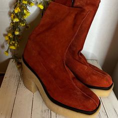 Size 8.5 A Soft Suede Upper Free People Orange Suede Boots Rubber Heel With Square-Toe Boot Grounded By A Chunky Platform With Textured Crepe Sold And Heel. 3 1/2” Heel 6 1/2” Shaft Made In Spain Free People Shoes, Chunky Platform, Rubber Heels, Soft Suede, Suede Boots, Shoes Heels Boots, Shoes Women Heels, Heeled Boots, Shoes Heels