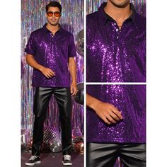 The solid color shiny sequin polo tee is eye-catching and stylish, which makes you stand out from the crowd. Sparkle polo can be matched with metallic leather pants, vests, and blazers to build a charming look. Suitable for many occasions, such as party, stage performance, hip hop, dance, disco, club, shows, dinner gathering, etc. Dinner Gathering, Satin Shirts, Jockey Mens, Disco Club, Prince Purple Rain, Glitter Shirt, Johnny Collar, Nightclub Party, Sequin Shirt