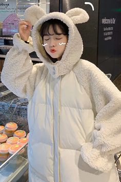 Cute Bear Fluffy Parkas Coat Jacket – Tomscloth Cream Long Sleeve Winter Outerwear, Cream Long Sleeve Outerwear For Winter, Casual Winter White Hooded Jacket With Long Sleeves, Casual Long Sleeve Hooded Jacket In White, Casual Winter White Long Sleeve Hooded Jacket, Thick White Casual Outerwear, Casual Thick White Outerwear, White Cotton Hooded Jacket For Cold Weather, Oversized Cotton Puffer Jacket With Long Sleeves