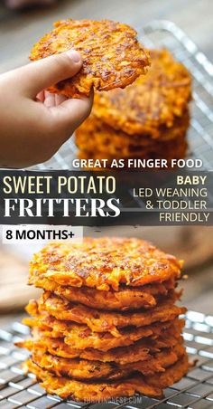 sweet potato fritters on a cooling rack with text overlay that reads great as finger food