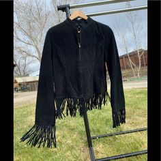 Brand New From A Smoke And Pet Free Size M Check All Pictures For Measurements Casual Fitted Fringe Outerwear, Fitted Fringe Outerwear For Winter, Fitted Black Outerwear With Fringe, Fitted Black Fringe Outerwear, Vinyl Display, Fringe Leather Jacket, Leather Jackets, Concept Store, All Pictures