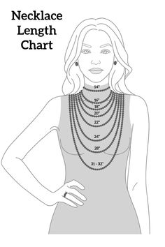 the necklace length chart is shown in black and white, with an image of a woman wearing