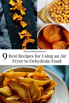 different types of food are shown in this collage with the words 9 best recipes for using an air fryer to dehydrae food