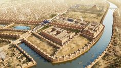 an artist's rendering of the ancient city of egypt, with its moats