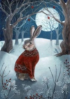 a painting of a rabbit wearing a red sweater in the snow with trees and berries