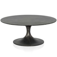 an oval metal table with a black base on a white background, viewed from the front