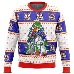 a sweater with an image of a robot and christmas tree on the front, all over print