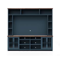 an entertainment center with shelves and drawers on each side, one shelf is open to the other