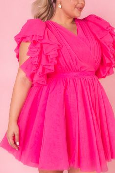 hot pink tulle short dress Tulle Short Dress, City Woman, Pink Vibes, Pink Tulle, Flutter Sleeves, Full Skirt, Short Dress, Flutter Sleeve, V Shape