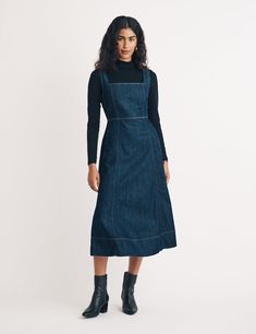 Denim Austin Midi Pinafore Dress Midi Pinafore Dress, Black Dress Accessories, Denim Pinafore, Cord Dress, Black Print Dress, Black Knit Dress, Essential Dress, Pinafore Dress, Petite Dresses