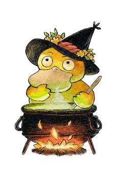 a drawing of a frog in a witches hat sitting on top of a cauld