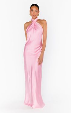 Jasmine Halter Maxi Dress ~ Light Pink Luxe Satin Maxi Hoco Dress, Pink Maxi Dress With Sleeves, Long Hoco Dress, Pastel Dress Formal, Bright Pink Bridesmaid Dresses, Pink Satin Bridesmaid Dresses, Pink Formal Dresses Long, Pink Wedding Guest Dress