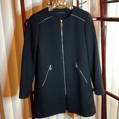 Nwot Exquisite Black Frock Coat With Zipper Front And 2 Zipper Pockets.Has Slight Shoulder Pads,Satin Lining,Medium Weight And Is Washable! Very Nice And Slimming Pit To Pit 19” Length 32” Elegant Black Outerwear With Zipper Closure, Elegant Office Blazer With Zipper Closure, Elegant Outerwear With Zipper Closure For Work, Elegant Tailored Outerwear With Zipper Closure, Elegant Office Outerwear With Zipper Closure, Black Frock, Zara Coat, Frock Coat, Zara Jackets