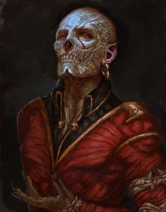 a painting of a skeleton wearing a red suit and holding his hands in his pockets