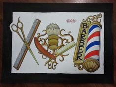 Examples of barbershop tattoos with barber pole, straight razor, shears and comb Barber Clippers Tattoo, Barber Pole Tattoo Design, Barber Shop Tattoo Ideas, Barber Pole Art, Barber Pole Drawing, Barber Chair Tattoo, Pole Drawing