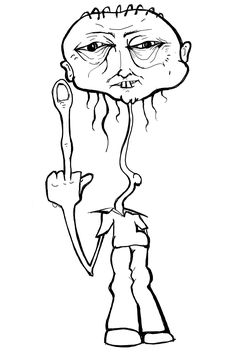 a black and white drawing of a zombie holding his head in the air with one hand