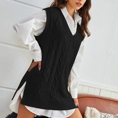 Black Casual  Sleeveless Acrylic Plain   Slight Stretch Spring/Fall Women Knitwear Sixth Form Outfit, New Look Style, 80s Inspired Outfits, Dragon Fashion, V Neck Sweater Vest, Knit V Neck Sweater, Cable Knit Sweater Vest, Split Sweater, Sashiko Pattern